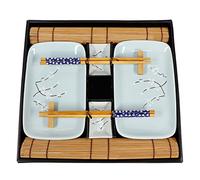 EXZACT Sushi Plate Set 10pcs - 2 x Sushi Plates, 2 x Dip Bowls, 2 x Placemats, 2 x Chopsticks Rests, 2 Pairs of Chopsticks - Porcelain - Gift Box - Blue