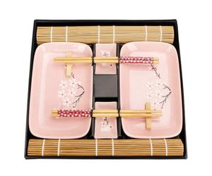 EXZACT Sushi Plate Set 10pcs - 2 x Sushi Plates, 2 x Dip Bowls, 2 x Placemats, 2 x Chopsticks Rests, 2 Pairs of Chopsticks - Highquality Porcelain - Gift Box - Pink