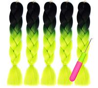 Eyand 5PCS Jumbo Braids Synthetic Kanekalon Braiding Hair Extensions - 100g/PC 24inch Ombre Braiding Hair Braids Crochet Twist Braided Hair(Black/Green Yellow)