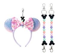 Eybila 2Pcs Mouse Ear Holder for Backpack Beaded Lanyard Keychain Park Trip Essentials Headband Hanging Display Accessories, Green Purple, 2 PCS