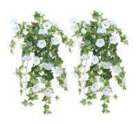 Eyccier Fake Petunias 2Pcs 25.8" White Morning Glory Artificial Flowers with Rich Leaves Lifelike Low Maintenance Silk & Plastic Fake Flowers for Vase, Hanging Basket.