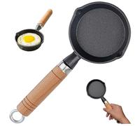 Eyccier Mini Cast Iron Skillet, 4 Inch Round Non-Stick Mini Frying Pan with 2 Pouring Spout, Portable Small Egg Pan with Hanging Wooden Handle for Stove Gas Induction Hob..