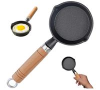 Eyccier Mini Cast Iron Skillet, 4 Inch Round Non-Stick Mini Frying Pan with 2 Pouring Spout, Portable Small Egg Pan with Hanging Wooden Handle for Stove Gas Induction Hob.