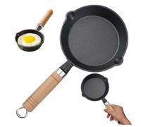 Eyccier Mini Cast Iron Skillet, 6 Inch Round Non-Stick Mini Frying Pan with 2 Pouring Spout, Portable Small Egg Pan with Hanging Wooden Handle for Stove Gas Induction Hob..