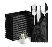 Eychei 12 Pack Black Satin Napkins 17 x 17 Inch Damask Napkins, Silky Soft Jacquard Table Cloth Napkin Set of 12, Square Table Napkins Fabric Dinner Napkins for Wedding Banquet Party Decoration