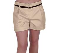 Eye Catch - Cuba Ladies Belted Shorts Womens Smart Turn Up Hot Pants (Beige, Size 18)