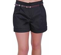 Eye Catch - Cuba Ladies Belted Shorts Womens Smart Turn Up Hot Pants (Black, Size 20)