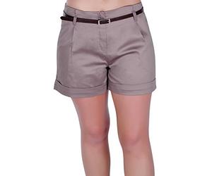 Eye Catch - Cuba Ladies Belted Shorts Womens Smart Turn Up Hot Pants (Taupe, Size 18)