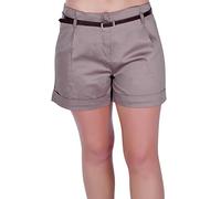 Eye Catch - Cuba Ladies Belted Shorts Womens Smart Turn Up Hot Pants (Taupe, Size 20)