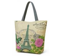 Eye Catch Foldable Reusable Canvas Tote Bag with Zip - Vintage London & Paris Print Shopper - Eco Fold Up Shopping Bag for Women (Paris Eiffel with Roses & Coffee, 1)