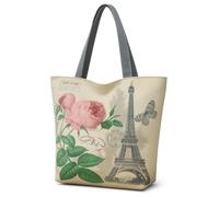 Eye Catch Foldable Reusable Canvas Tote Bag with Zip - Vintage London & Paris Print Shopper - Eco Fold Up Shopping Bag for Women (Paris Eiffel with Rose & Butterfly, 1)
