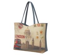 Eye Catch Foldable Reusable Canvas Tote Bag with Zip - Vintage London & Paris Print Shopper - Eco Fold Up Shopping Bag for Women (London Big Ben & Bus, 1)