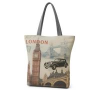 Eye Catch Foldable Reusable Canvas Tote Bag with Zip - Vintage London & Paris Print Shopper - Eco Fold Up Shopping Bag for Women (London Big Ben & Vintage Car, 1)