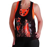 Eye Catch Graphic Design Print Neon Fashion Beaded Club Top Black & Orange M/L