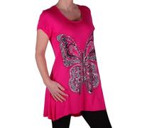 Eye Catch Plus - Butterfly Motif Long Womens Short Sleeve Loose Stretch Ladies Top Fushia Size 22-24