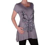 Eye Catch Plus - Butterfly Motif Long Womens Short Sleeve Loose Stretch Ladies Top Grey Size 18