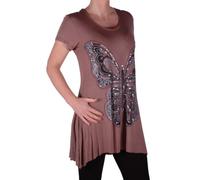Eye Catch Plus - Butterfly Motif Long Womens Short Sleeve Loose Stretch Ladies Top Mocha Size 14