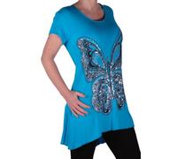 Eye Catch Plus - Butterfly Motif Long Womens Short Sleeve Loose Stretch Ladies Top Turquoise Size 18