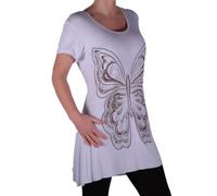 Eye Catch Plus - Butterfly Motif Long Womens Short Sleeve Loose Stretch Ladies Top White Size 26-28