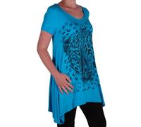 Eye Catch Plus - Ladies Graphic Tiger Long Draped Womens Sparkle Short Sleeve Stretch Top - Comfortable and Adjustable - Sizes 14-28 Turquoise