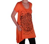 Eye Catch Plus - Ladies Graphic Tiger Long Draped Womens Sparkle Short Sleeve Stretch Top - Comfortable and Adjustable - Sizes 14-28 Orange