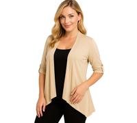 Eye Catch Plus Size Waterfall Cardigan for Women - Open Front Lightweight Layer - Soft Stretch Jersey - 3/4 Sleeve with Button Tab - Sizes 14 to 28 - Casual Smart Cover Up Beige