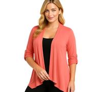 Eye Catch Plus Size Waterfall Cardigan for Women - Open Front Lightweight Layer - Soft Stretch Jersey - 3/4 Sleeve with Button Tab - Sizes 14 to 28 - Casual Smart Cover Up Coral