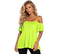 Eye Catch Women’s Cold Shoulder Swing Top UK 8-24 Plus Size | Floaty Frill Sleeve Tunic Blouse | Summer Holiday Evening Top Neon Green