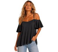 Eye Catch Women’s Cold Shoulder Swing Top UK 8-24 Plus Size | Floaty Frill Sleeve Tunic Blouse | Summer Holiday Evening Top Black