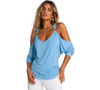 Eye Catch Women’s Cold Shoulder Top - Loose Fit Draped Blouse with Ring Detail, Ruched Side Flattering Tunic Top, Soft Stretch Elegant Summer Top, Including Plus Size Sky Blue