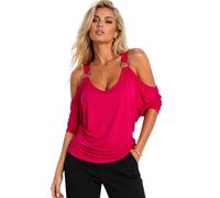 Eye Catch Women’s Cold Shoulder Top - Loose Fit Draped Blouse with Ring Detail, Ruched Side Flattering Tunic Top, Soft Stretch Elegant Summer Top, Including Plus Size Fushia