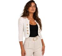 Eye Catch Women’s Cropped Military Jacket - Gold Button Bolero Blazer, Puff Shoulder Fitted Stretch Jersey Short Jacket, Smart Tailored Evening Shrug