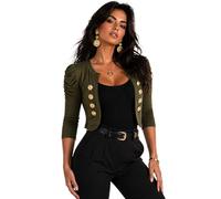 Eye Catch Women’s Cropped Military Jacket - Gold Button Bolero Blazer, Puff Shoulder Fitted Stretch Jersey Short Jacket, Smart Tailored Evening Shrug