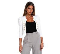 Eye Catch Women’s Cropped Military Jacket - Gold Button Bolero Blazer, Puff Shoulder Fitted Stretch Jersey Short Jacket, Smart Tailored Evening Shrug