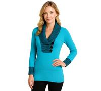 Eye Catch Women’s Long Sleeve Knit Tunic Jumper - Contrast Shawl Collar Sweater Top with Three Button Detail, Soft Stretch Ribbed Hem, One Size Fit Turquoise