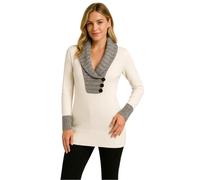 Eye Catch Women’s Long Sleeve Knit Tunic Jumper - Contrast Shawl Collar Sweater Top with Three Button Detail, Soft Stretch Ribbed Hem, One Size Fit Cream