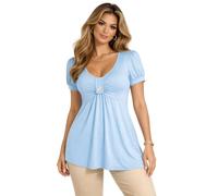 Eye Catch Women’s Longline Tie Back Tunic Top - Soft Stretch Viscose Plus Size 14-28 - Short Sleeve V Neck Loose Fit Blouse with Diamond Button Detail Sky Blue