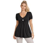 Eye Catch Women’s Longline Tie Back Tunic Top - Soft Stretch Viscose Plus Size 14-28 - Short Sleeve V Neck Loose Fit Blouse with Diamond Button Detail Black