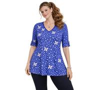 Eye Catch Women’s Plus Size Printed V Neck Jersey Tunic Top - Soft Breathable Fabric, Button Sleeve Detail, Relaxed Fit, Sizes 14-28, Multiple Colours Royal Blue