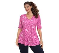 Eye Catch Women’s Plus Size Printed V Neck Jersey Tunic Top - Soft Breathable Fabric, Button Sleeve Detail, Relaxed Fit, Sizes 14-28, Multiple Colours Fushia