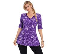 Eye Catch Women’s Plus Size Printed V Neck Jersey Tunic Top - Soft Breathable Fabric, Button Sleeve Detail, Relaxed Fit, Sizes 14-28, Multiple Colours Purple