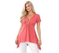 Eye Catch Womens Plus Size V Neck Asymmetric Tunic Top UK 14-28 - Crystal Ring Ruched Bust Detail - Short Sleeve Handkerchief Hem Blouse - Elegant Smart Casual Evening Top Coral
