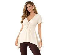 Eye Catch Womens Plus Size V Neck Asymmetric Tunic Top UK 14-28 - Crystal Ring Ruched Bust Detail - Short Sleeve Handkerchief Hem Blouse - Elegant Smart Casual Evening Top Cream