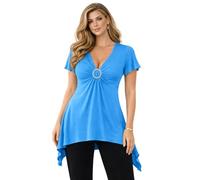 Eye Catch Womens Plus Size V Neck Asymmetric Tunic Top UK 14-28 - Crystal Ring Ruched Bust Detail - Short Sleeve Handkerchief Hem Blouse - Elegant Smart Casual Evening Top Turquoise