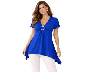 Eye Catch Womens Plus Size V Neck Asymmetric Tunic Top UK 14-28 - Crystal Ring Ruched Bust Detail - Short Sleeve Handkerchief Hem Blouse - Elegant Smart Casual Evening Top Royal Blue