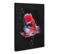 Eye Catching Red & Blue Fish Paint Splash Canvas Print | Gallery Wrapped 30mm Frame Wall Art | 20x14 inches | Ready to Hang | Modern Animals Picture | Living Room Bedroom Lounge Office
