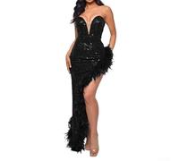Eye Catching Sequined Strapless Maxi Dress with Feather Detail and High Side Split Suitable for Night Out Events (L Black)