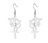 Eye of Horus Ankh Earrings for Women Stainless Steel Ancient Egyptian Eye of Horus with Ankh Cross | Double Wing Dangle Earring Protection Jewelry (silver)