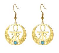 Eye of Horus Ankh Earrings for Women Stainless Steel Ancient Egyptian Eye of Horus with Ankh Cross | Double Wing Dangle Earring Protection Jewelry (gold 2)