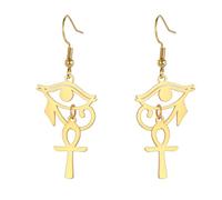 Eye of Horus Ankh Earrings for Women Stainless Steel Ancient Egyptian Eye of Horus with Ankh Cross | Double Wing Dangle Earring Protection Jewelry (gold)